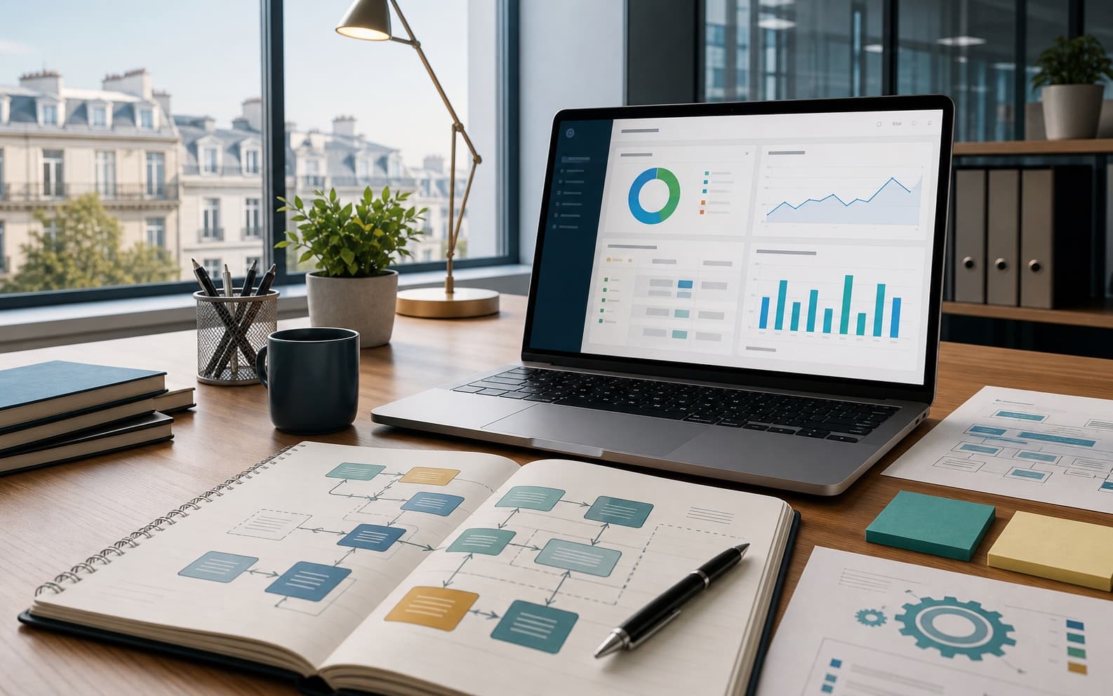 Consulting workspace with workflow planning and business dashboard